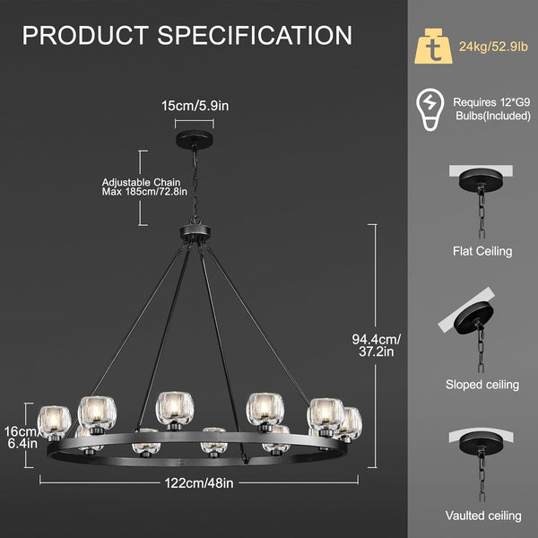 Wagon Wheel Glass Round Chandelier 24" 36" 48" 60"