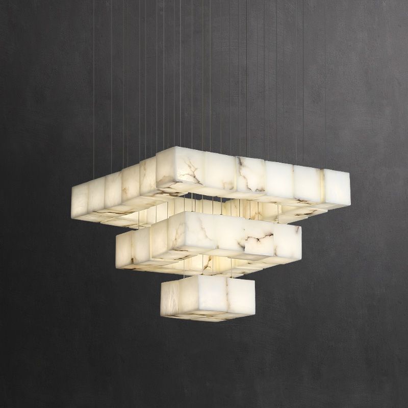Alabaster Cube Foyer Staircase Long Chandelier - kimoylights