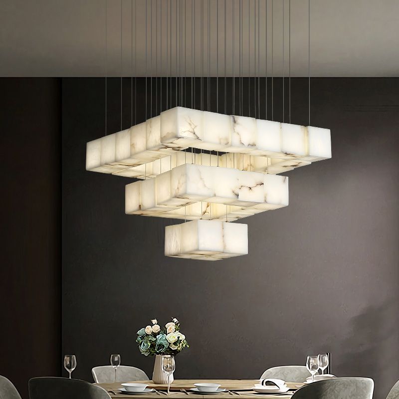 Alabaster Cube Foyer Staircase Long Chandelier - kimoylights