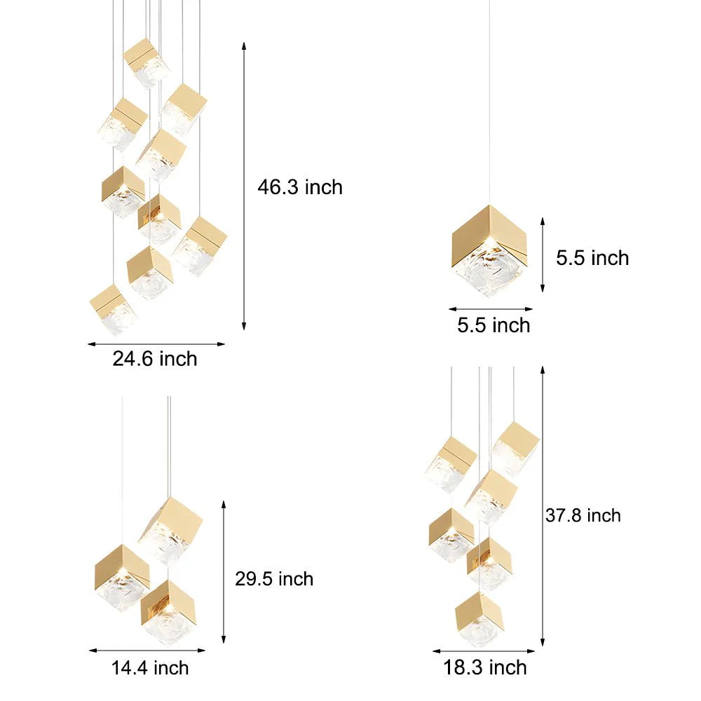 1/3/6/9-Light Multi Glass Ice Cube Metallic Staircase Chandelier