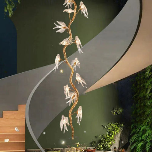 Lucky Bird Glass Tree Branch Chandelier For Staircase  - kimoylights