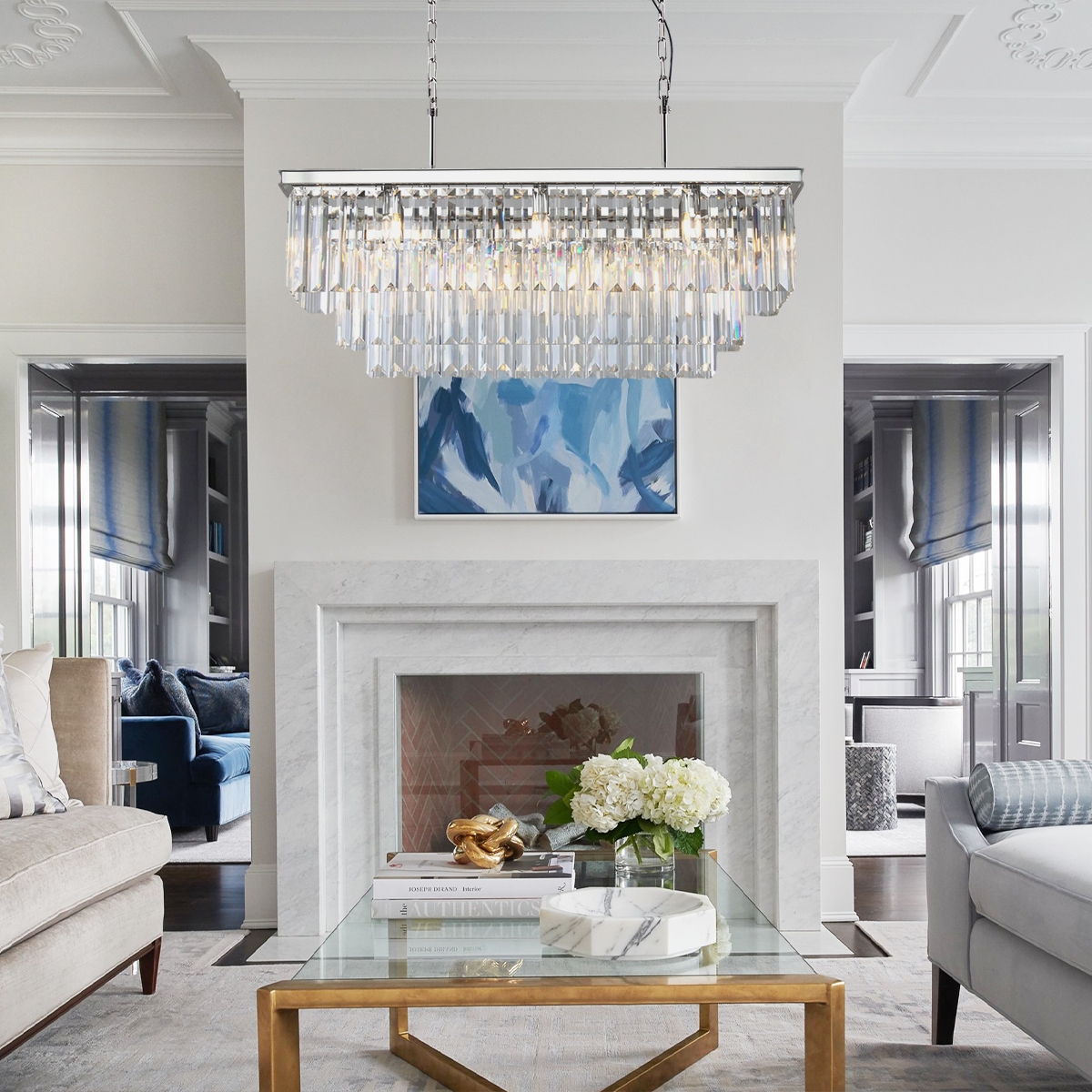 1920s Olion 3-Tier Crystal Rectangular Chandelier