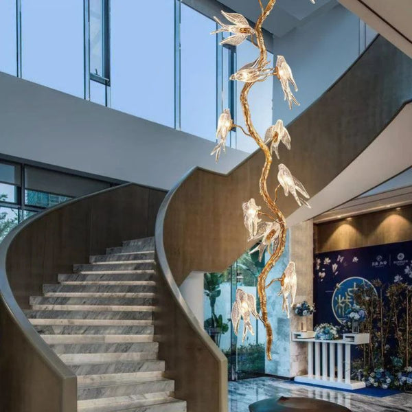 Lucky Bird Glass Tree Branch Chandelier For Staircase - kimoylights