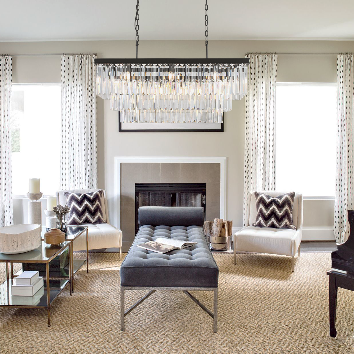 1920s Olion 3-Tier Crystal Rectangular Chandelier