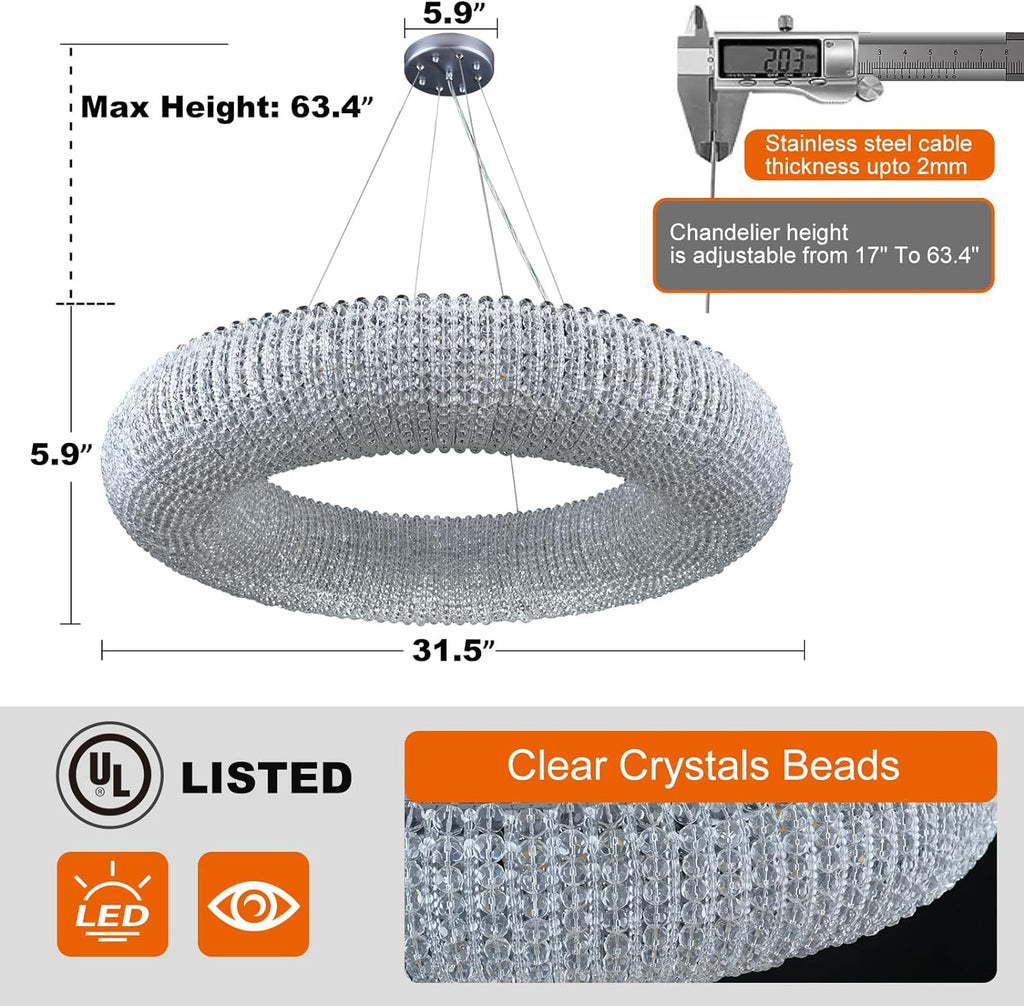 Modern K9 Grey/Clear Crystal Beads Round Chandelier 31.5" - kimoylights