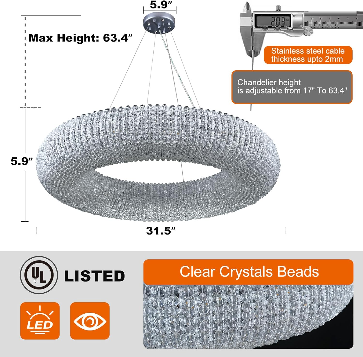 Modern K9 Grey/Clear Crystal Beads Round Chandelier 31.5" - kimoylights
