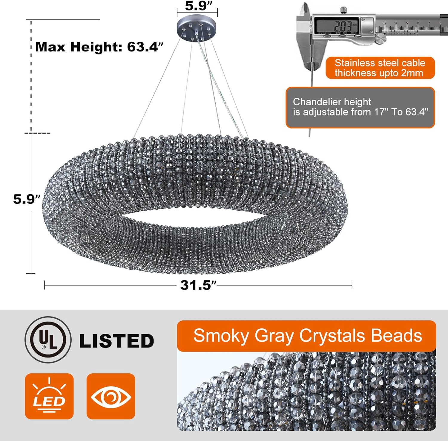 Modern K9 Grey/Clear Crystal Beads Round Chandelier 31.5" - kimoylights