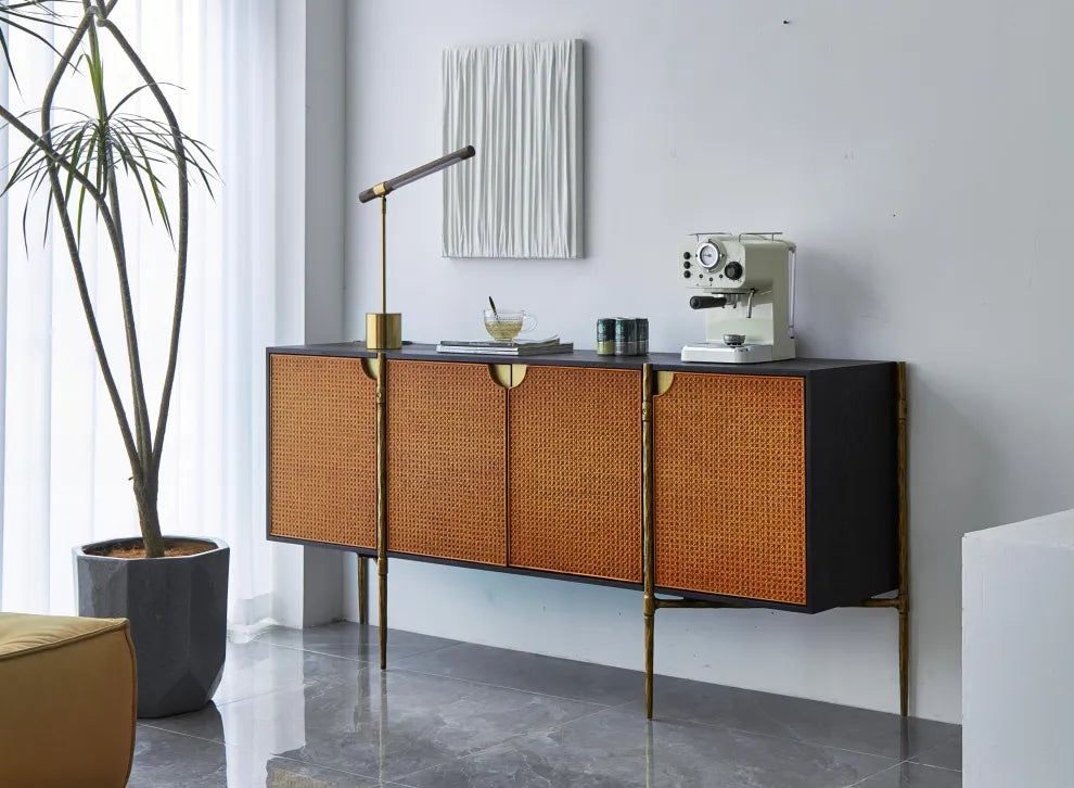 Thaddeus Metal Frame Rattan Long Side Cabinet