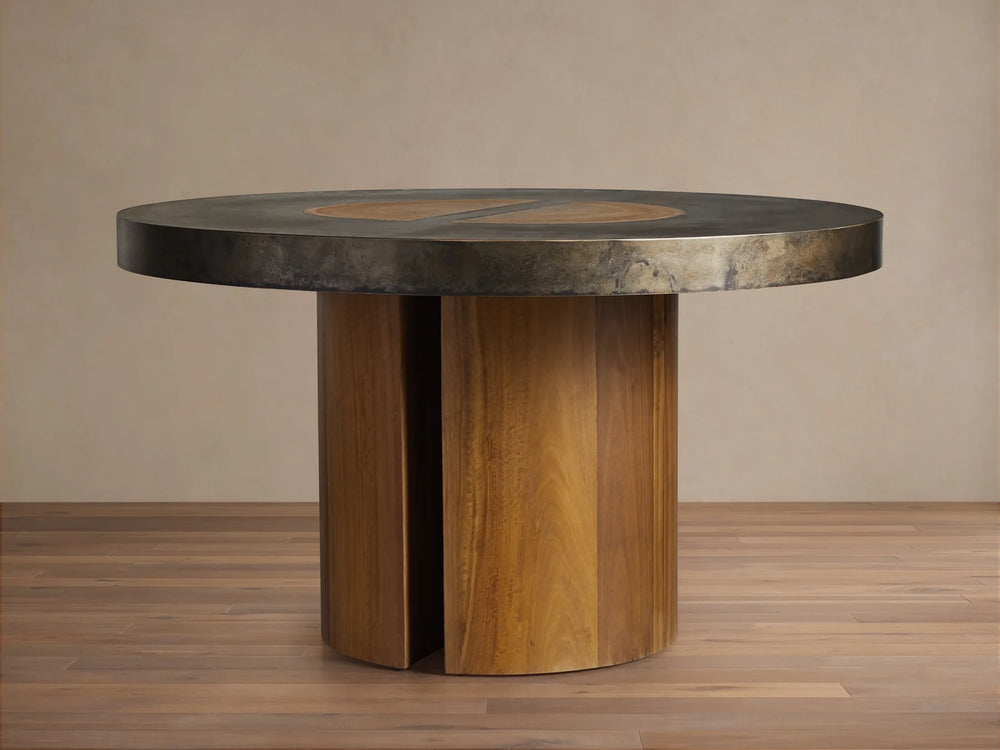 Acacius Round Dining Table Oxidized Steel Wood Industrial Artisanal Dining
