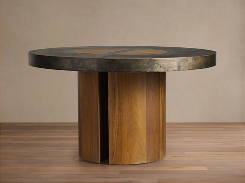 Acacius Round Dining Table Oxidized Steel Wood Industrial Artisanal Dining