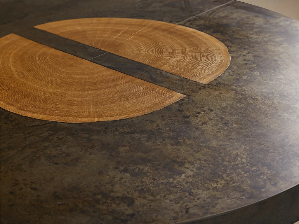 Acacius Round Dining Table Oxidized Steel Wood Industrial Artisanal Dining