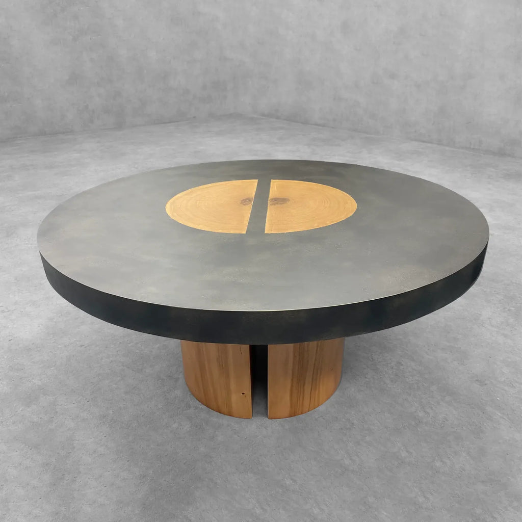 Acacius Round Dining Table Oxidized Steel Wood Industrial Artisanal Dining