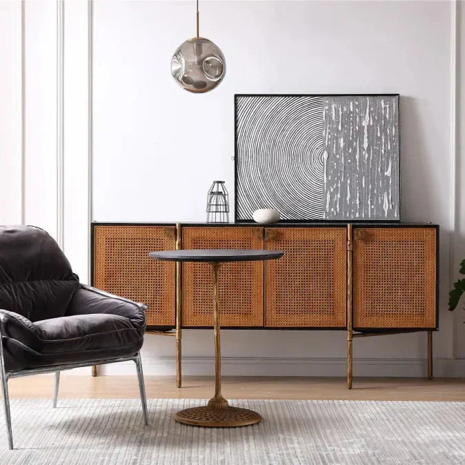 Thaddeus Metal Frame Rattan Long Side Cabinet