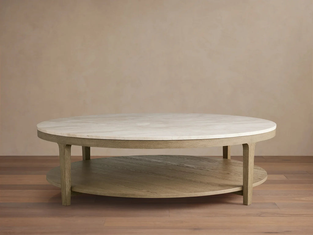 Danny Round Coffee Table Oak Wood Marble Top Contemporary Style