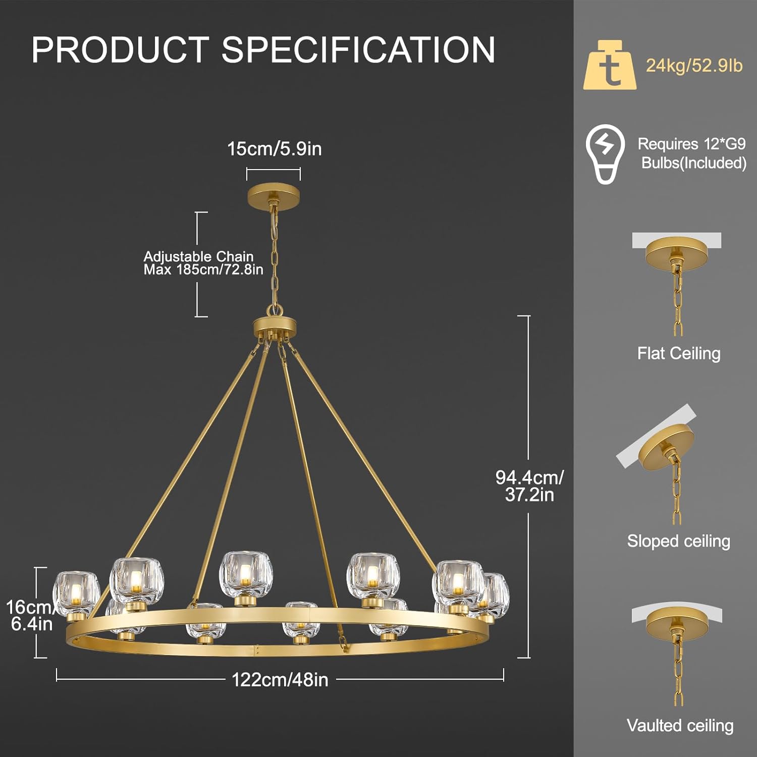 Wagon Wheel Crystal Round Chandelier 24" 36" 48" 60"