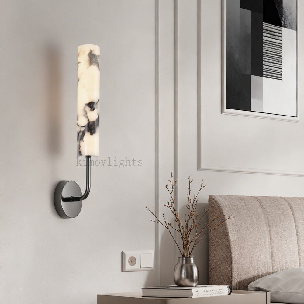 MarbleGlow Curved-Arm Cylinder Marble Wall Sconce