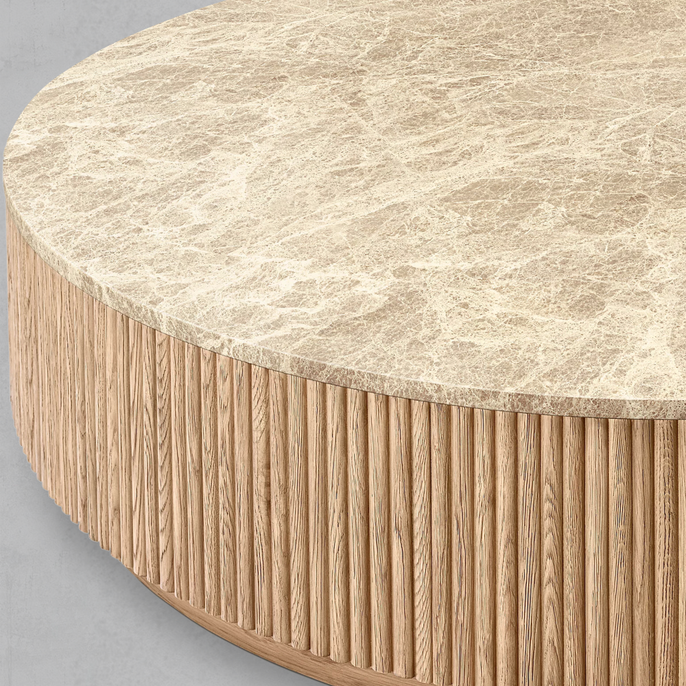 Mulholland Oak Wood & Stone Round Coffee Table