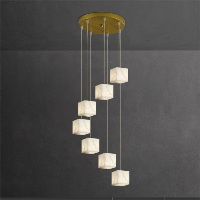 Alabaster Cube Foyer Staircase Long Chandelier -kimoylights