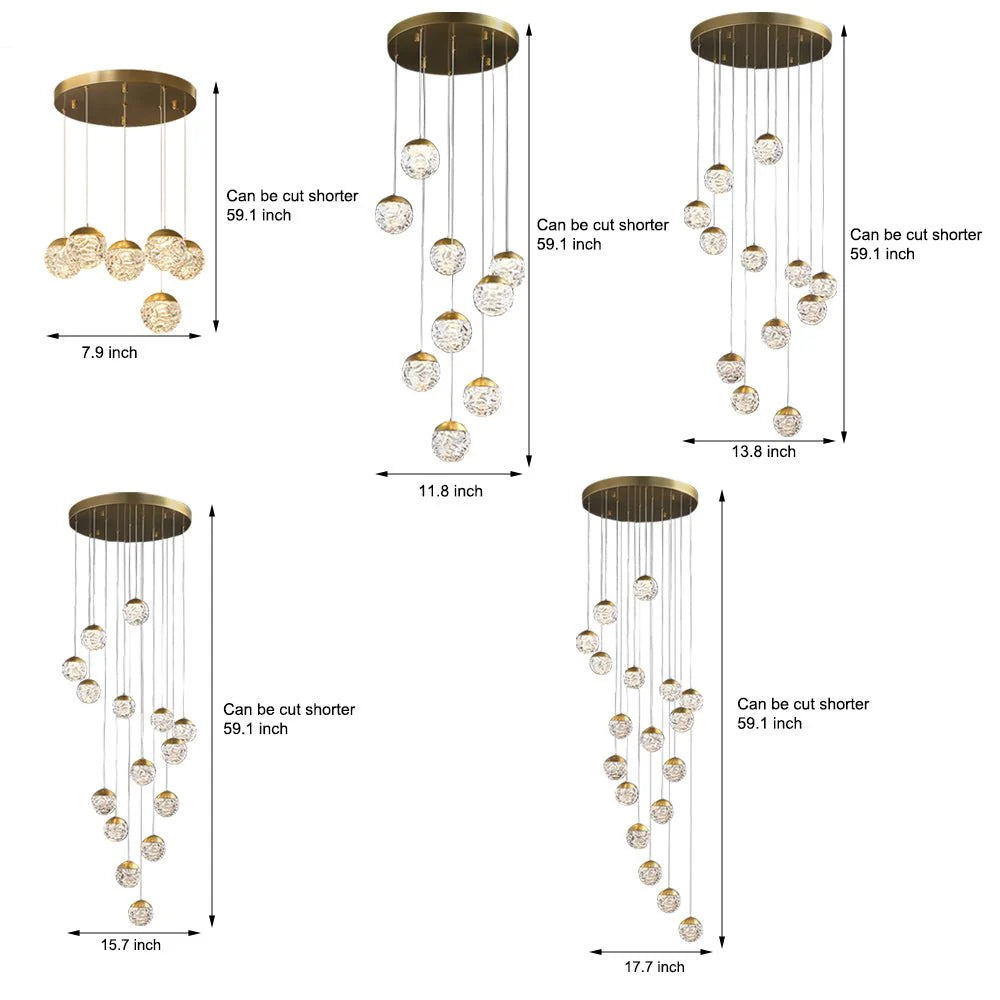 Spiral Pineapple Multi Glass Ball Staircase Chandelier
