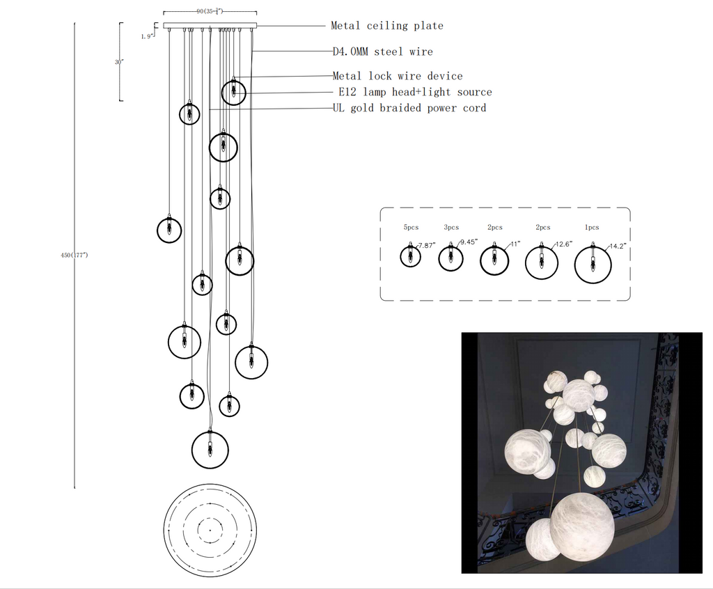 Nami Alabaster Sphere Staircase Chandelier - kimoylights