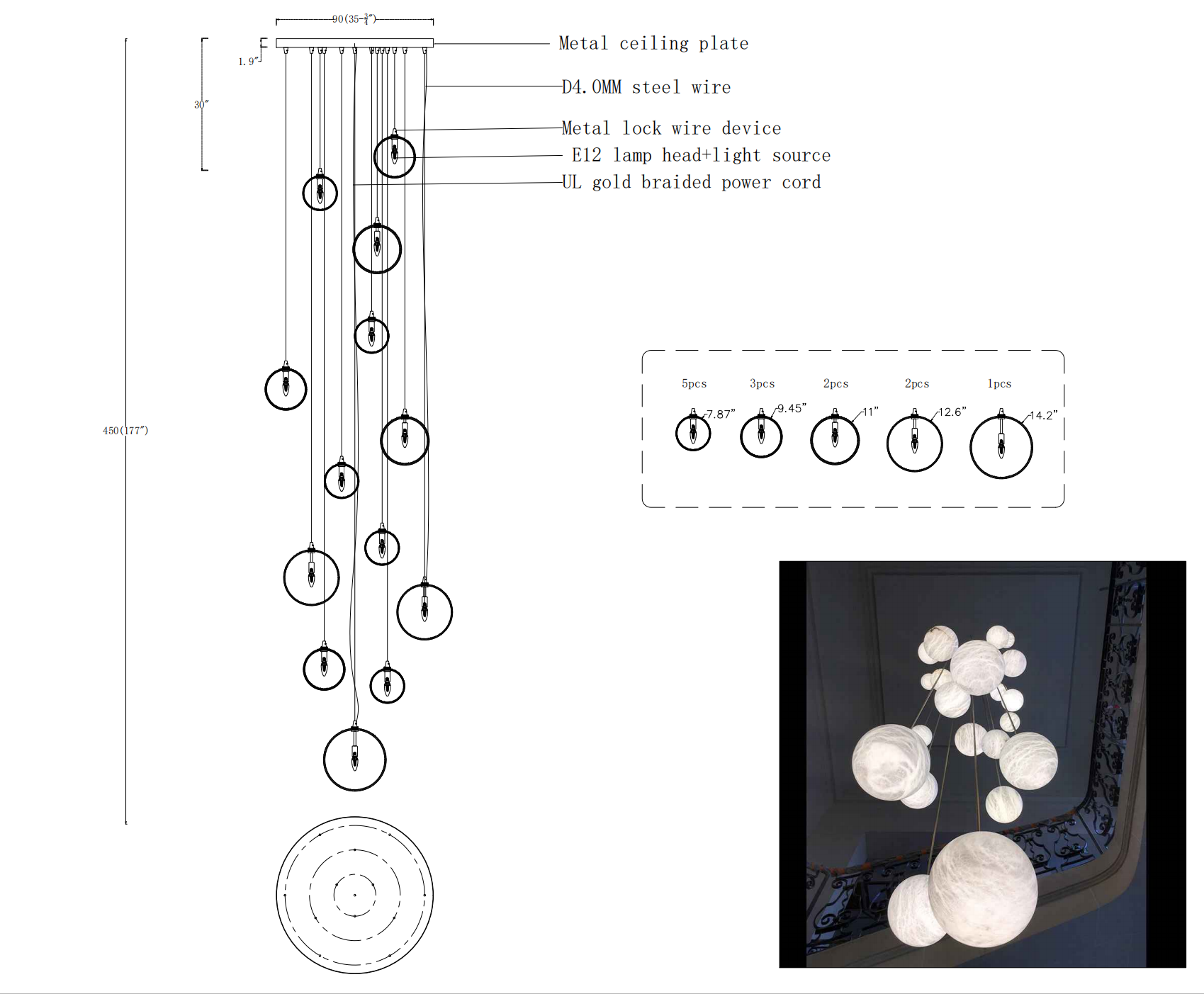 Nami Alabaster Sphere Staircase Chandelier - kimoylights